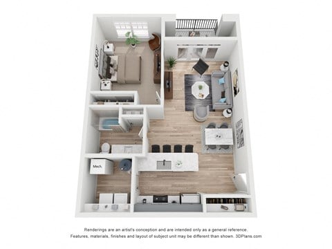 Floor plan for 1 bed, 1 bath, 968 sqft